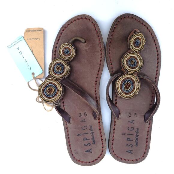 Aspiga Boho Quiet Luxe Handcraft Artsy Glass Beaded Medallion Leather Sandal 36 - Picture 5 of 9